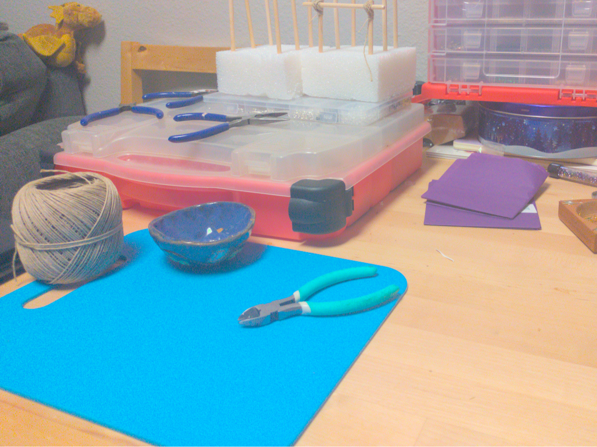 An image of a slightly messy work table.
